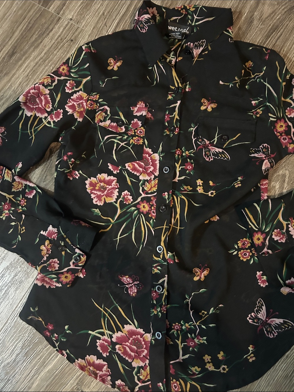 Wet Seal Black Floral Button-Down Shirt with Pink Flowers and Butterflies - Picture 4 of 4